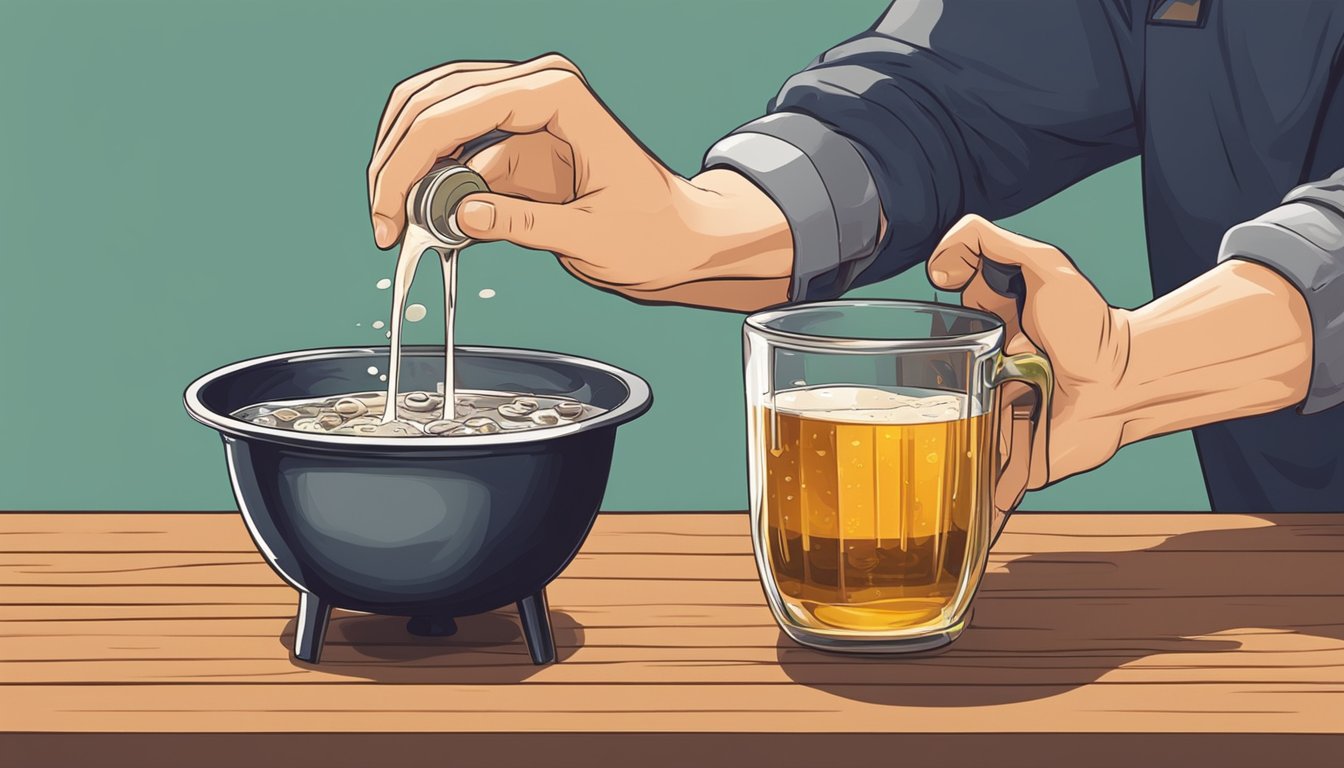 A hand pouring beer into a pot with a measuring cup of vinegar next to it