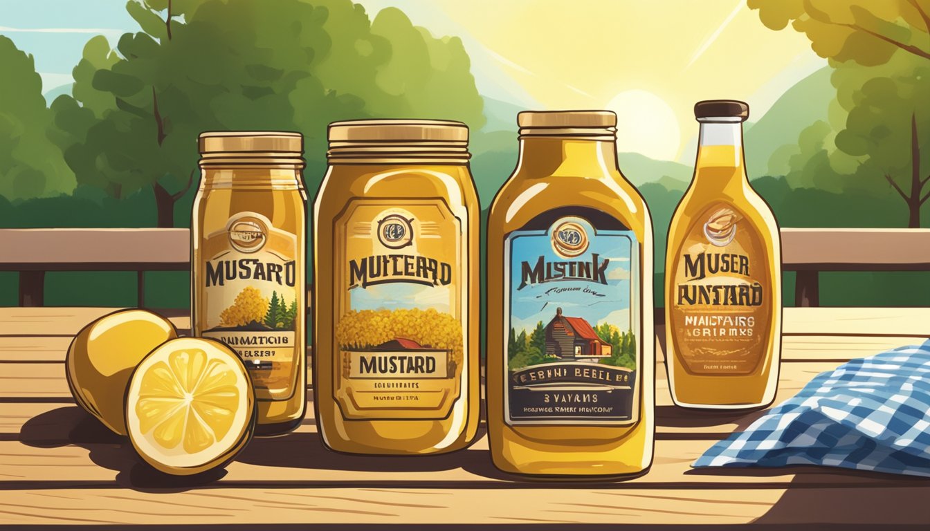 A jar of beer mustard sits next to a row of condiment bottles on a picnic table. Sunlight shines down on the colorful array