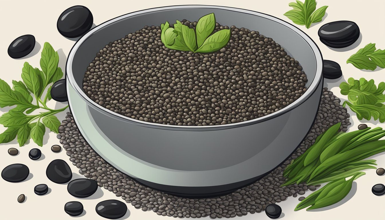 A bowl of beluga lentils surrounded by alternative substitutes such as green lentils, black beans, and quinoa