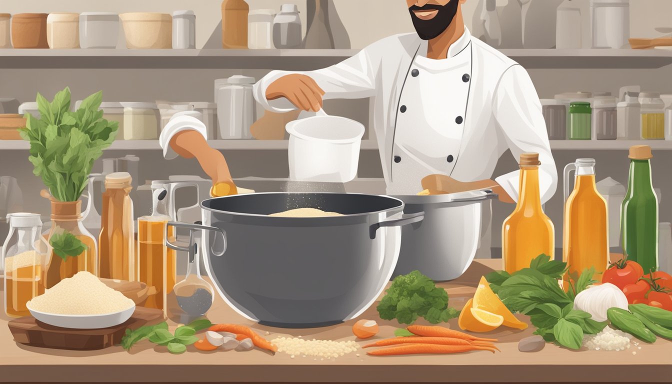 A chef pours a small amount of beer vinegar substitute into a mixing bowl, surrounded by various cooking utensils and ingredients