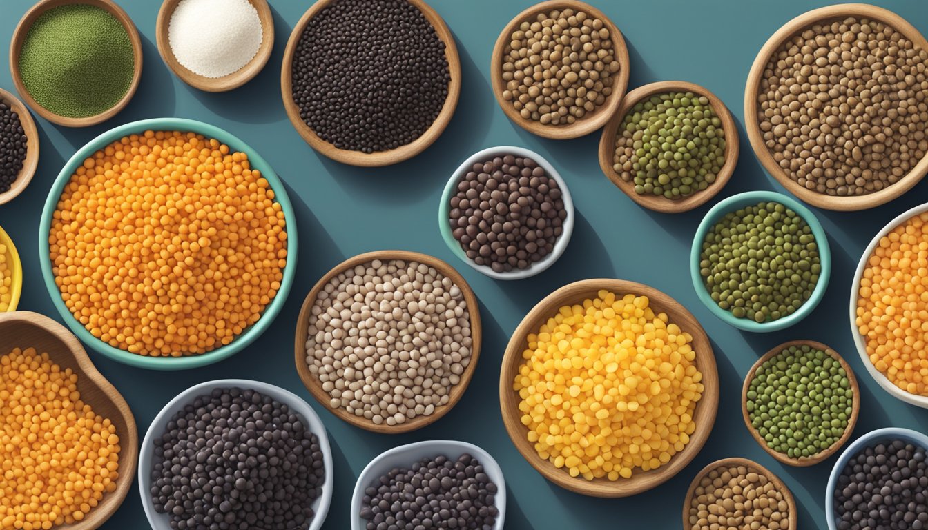 A variety of beluga lentil substitutes arranged in a colorful display, showcasing their different sizes, shapes, and colors