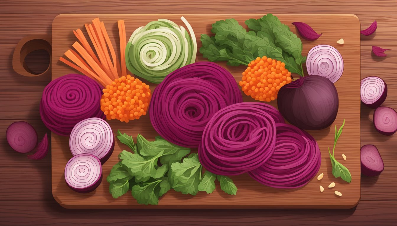 A colorful array of beet noodles, spiraled and arranged on a wooden cutting board, surrounded by fresh beets and other vegetable ingredients