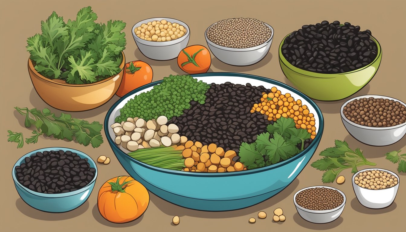 A bowl of cooked beluga lentils next to various substitute options such as black beans, quinoa, and chickpeas, with a variety of fresh vegetables and herbs in the background