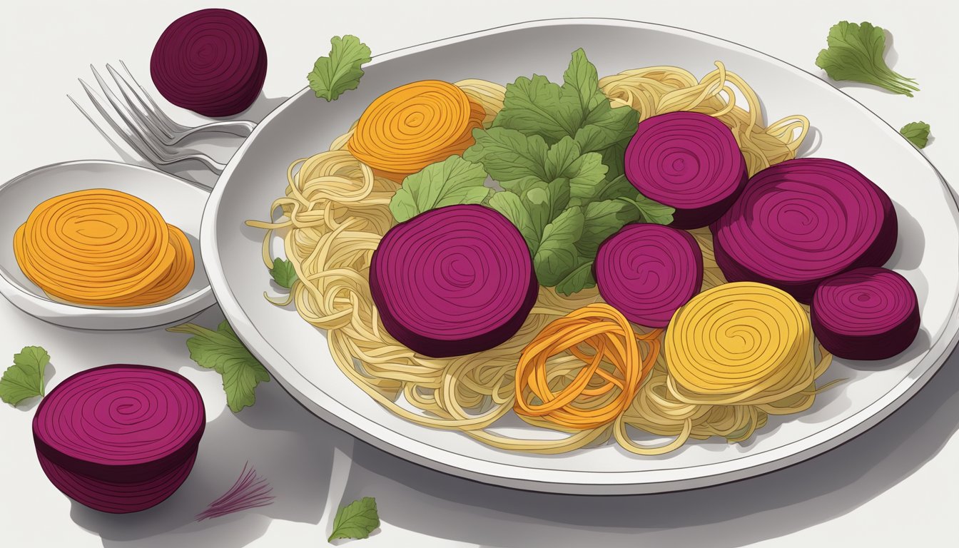 A colorful array of beets, spiralized into noodle shapes, arranged on a white plate with accompanying nutritional information