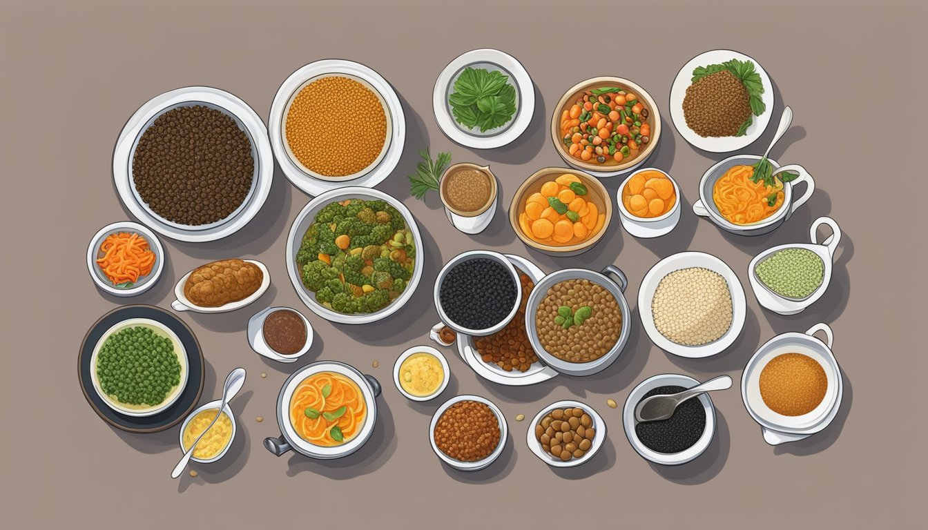 A colorful array of specialty dishes from various ethnic cuisines, featuring beluga lentil substitutes, spread out on a table