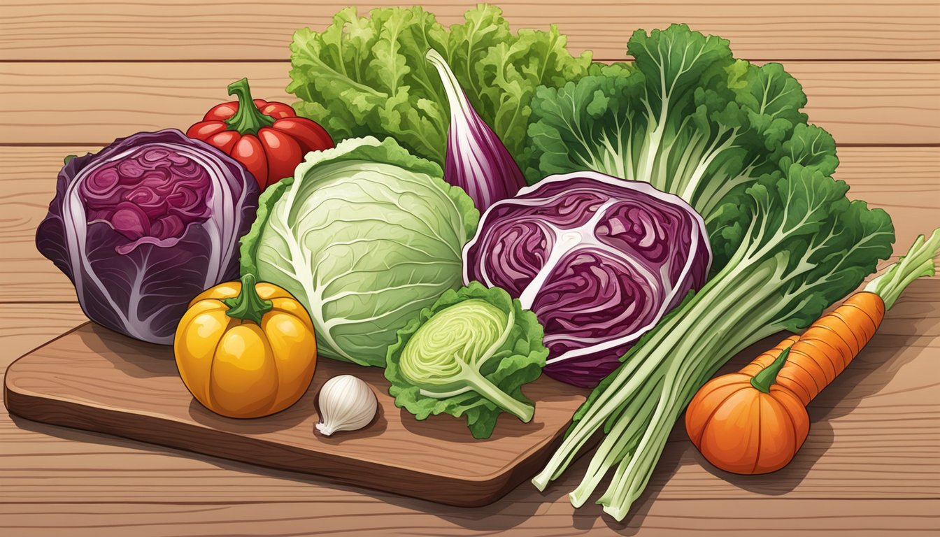 A colorful array of fresh vegetables, including radicchio, escarole, and frisée, arranged on a wooden cutting board