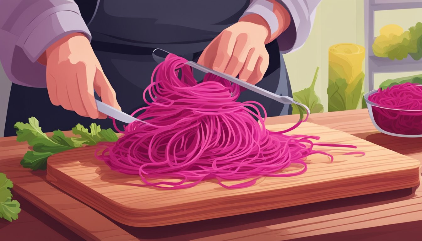 A chef spiralizes beets into long, thin noodles using a handheld spiralizer. The vibrant red beet noodles pile up on a cutting board