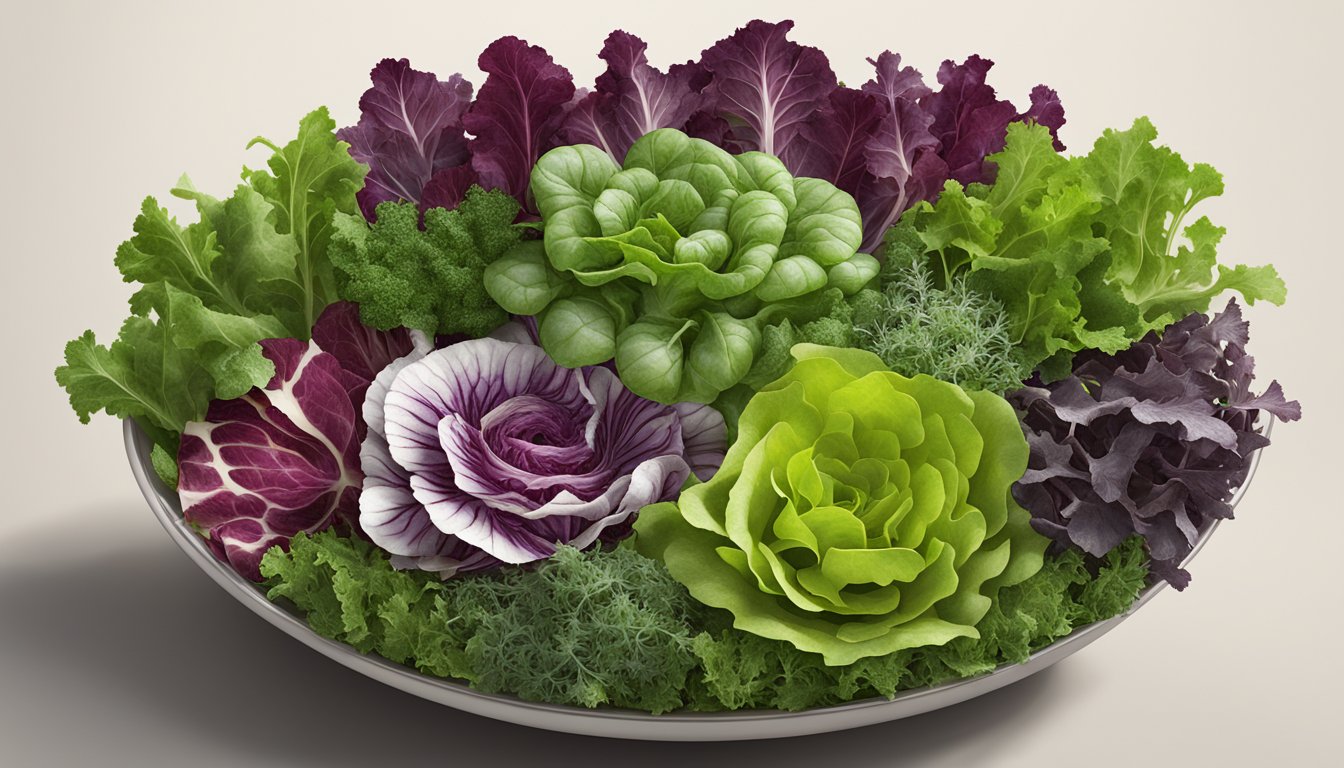 A bowl of colorful mixed greens, including radicchio, arugula, and frisée, arranged in an elegant display