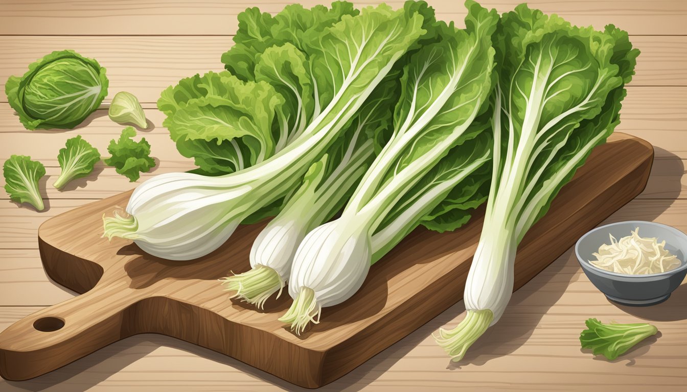 A variety of lettuce heads, including belgian endive, arranged on a wooden cutting board