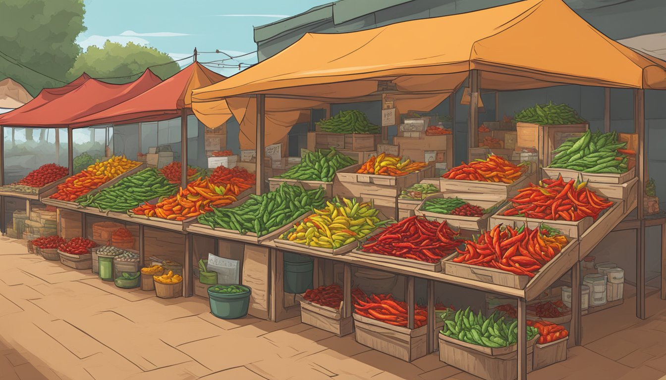 A vibrant market stall displays various chili peppers, including Bhut Jolokia. A sign lists alternative substitutes for the fiery pepper