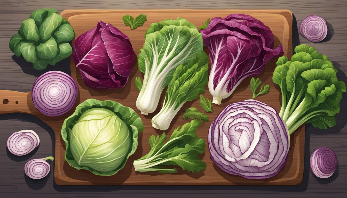 A colorful array of fresh vegetables, including radicchio, escarole, and chicory, arranged on a wooden cutting board