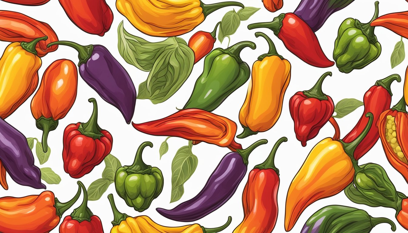 A variety of chili peppers arranged in a colorful display, including habanero, scotch bonnet, and ghost peppers