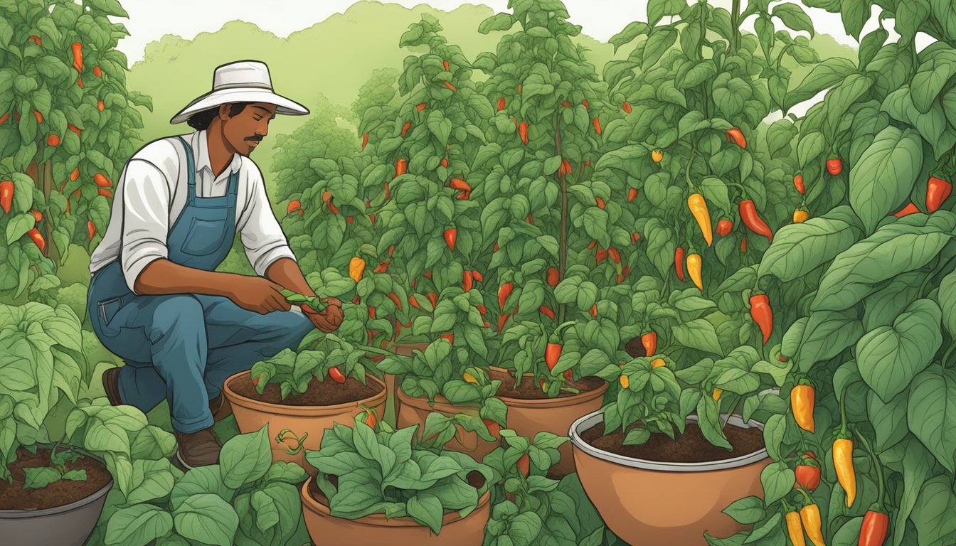 A lush garden with various chili plants, including bhut jolokia substitutes, being carefully tended to by a farmer