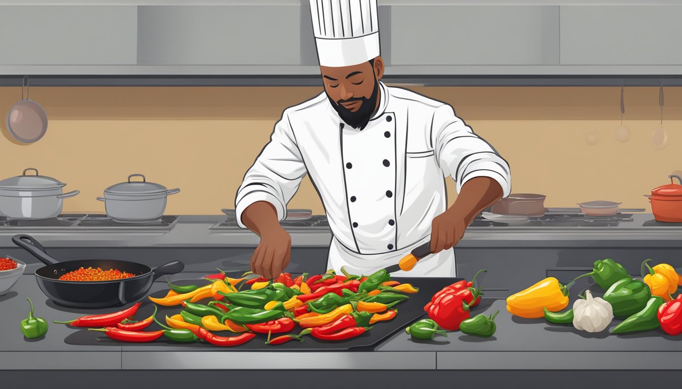 A chef adding alternative spicy peppers to a sizzling pan