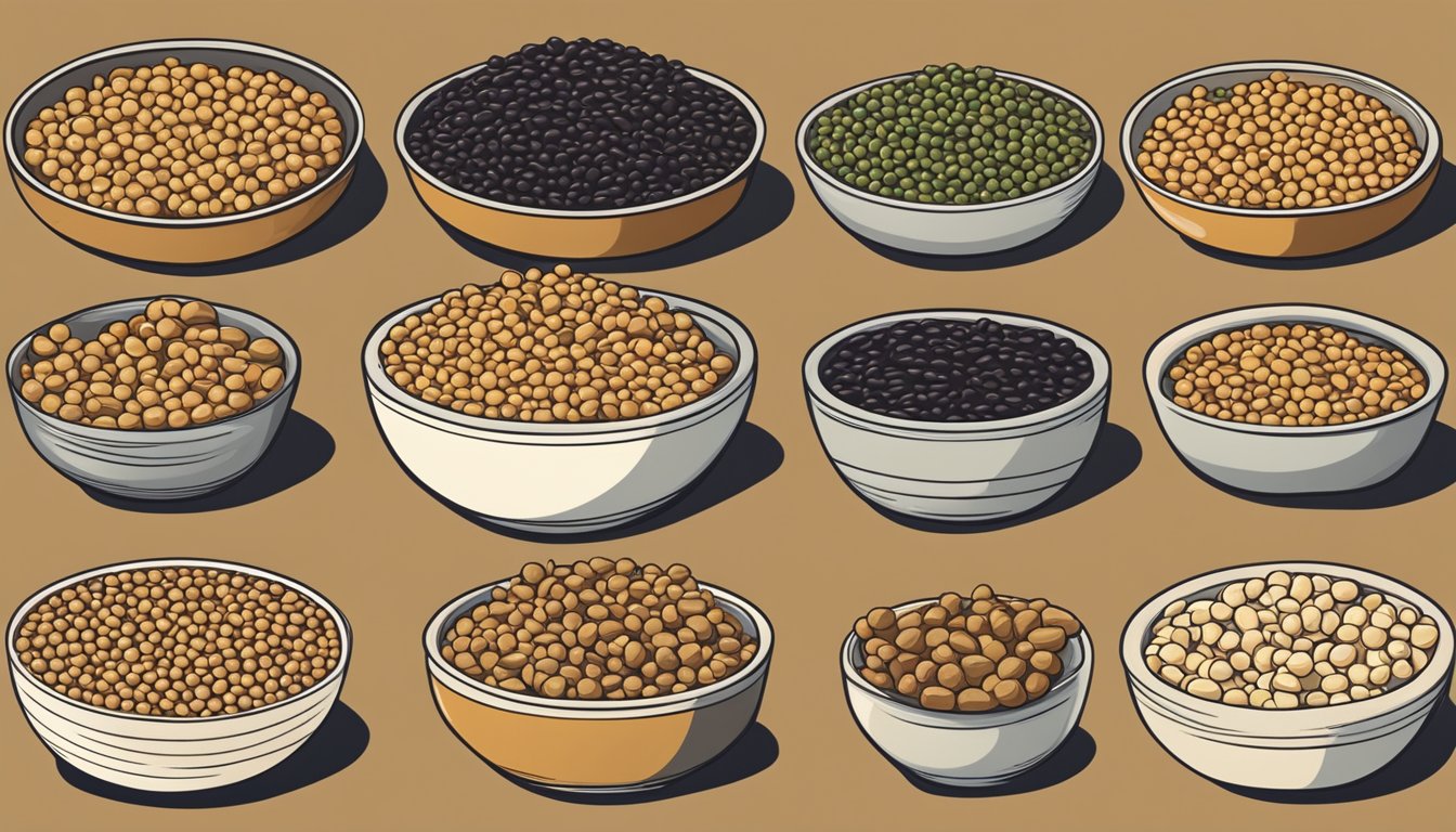 A bowl of bengal gram next to alternative substitutes like chickpeas, lentils, and black beans