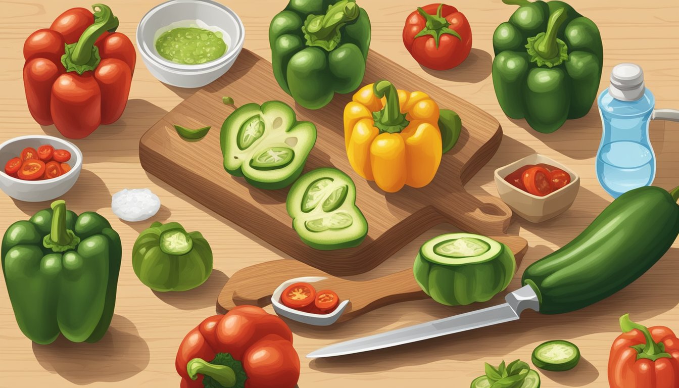 A variety of bell pepper substitutes, including chili peppers, tomatoes, and zucchinis, are arranged on a wooden cutting board next to a knife and a bowl of water droplets