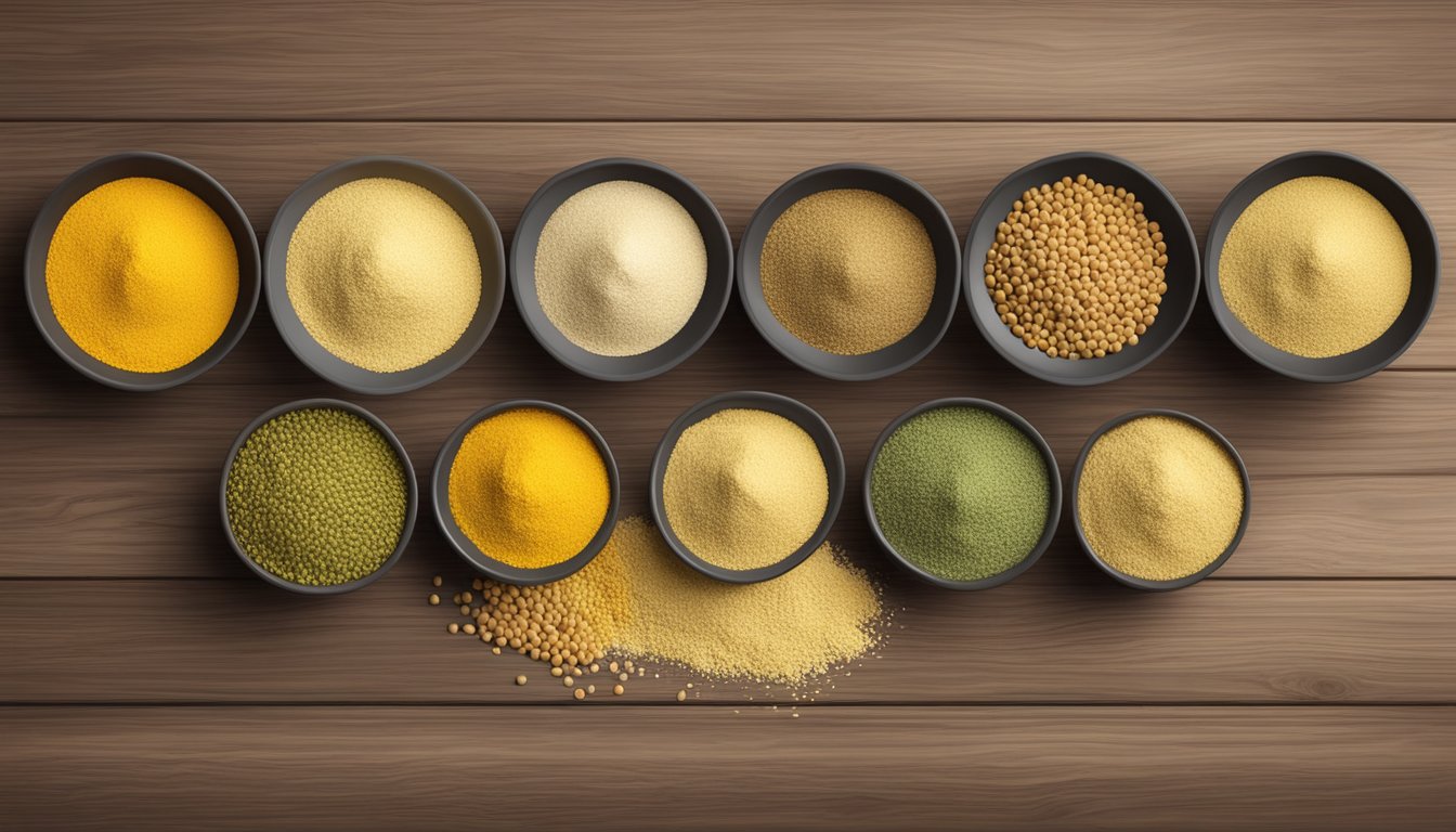 A variety of bengal gram substitutes including chickpea flour, lentil flour, and almond flour displayed in rustic bowls on a wooden table