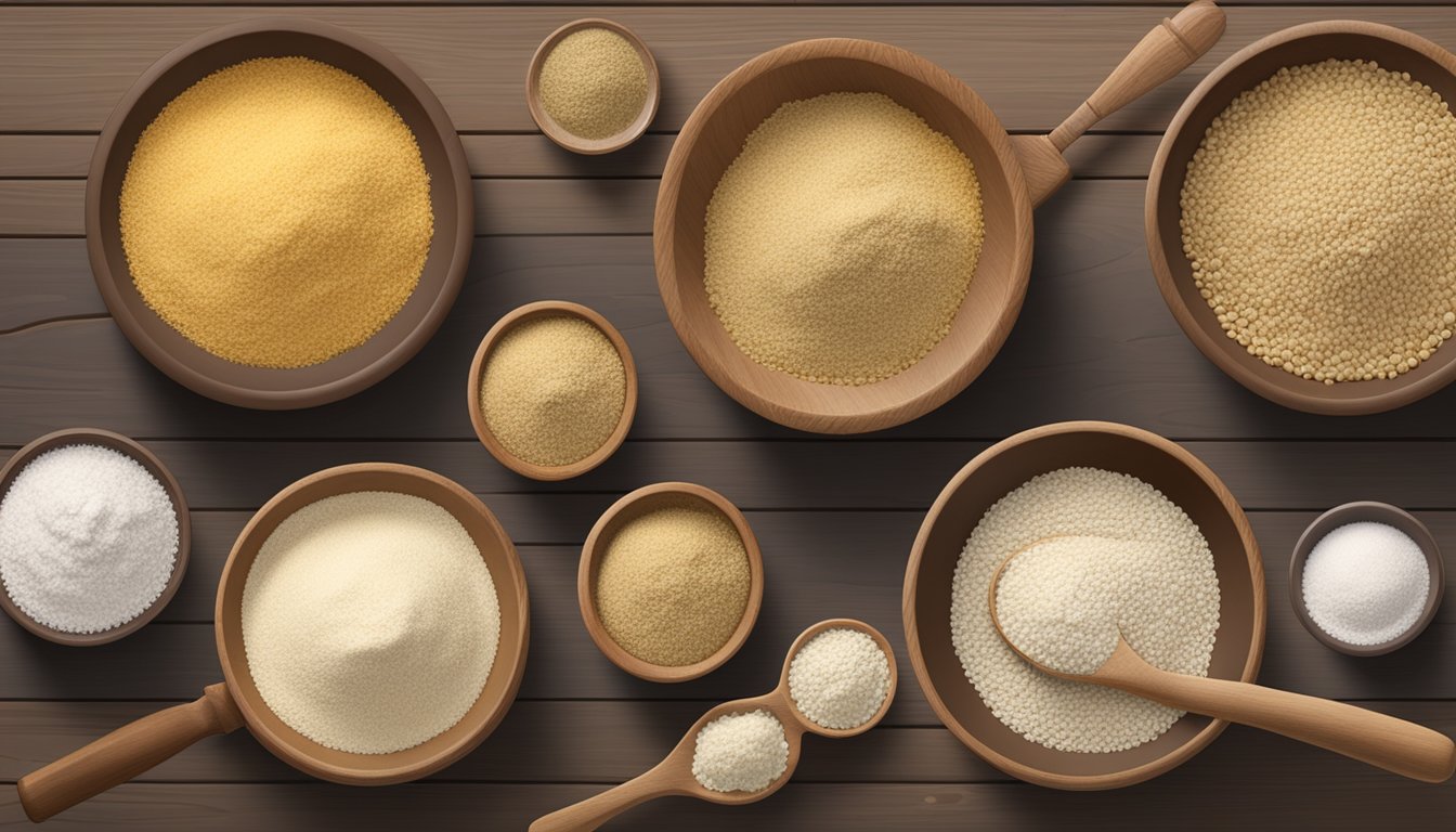 A variety of gluten-free flour alternatives, including bengal gram, arranged in bowls and jars on a wooden tabletop