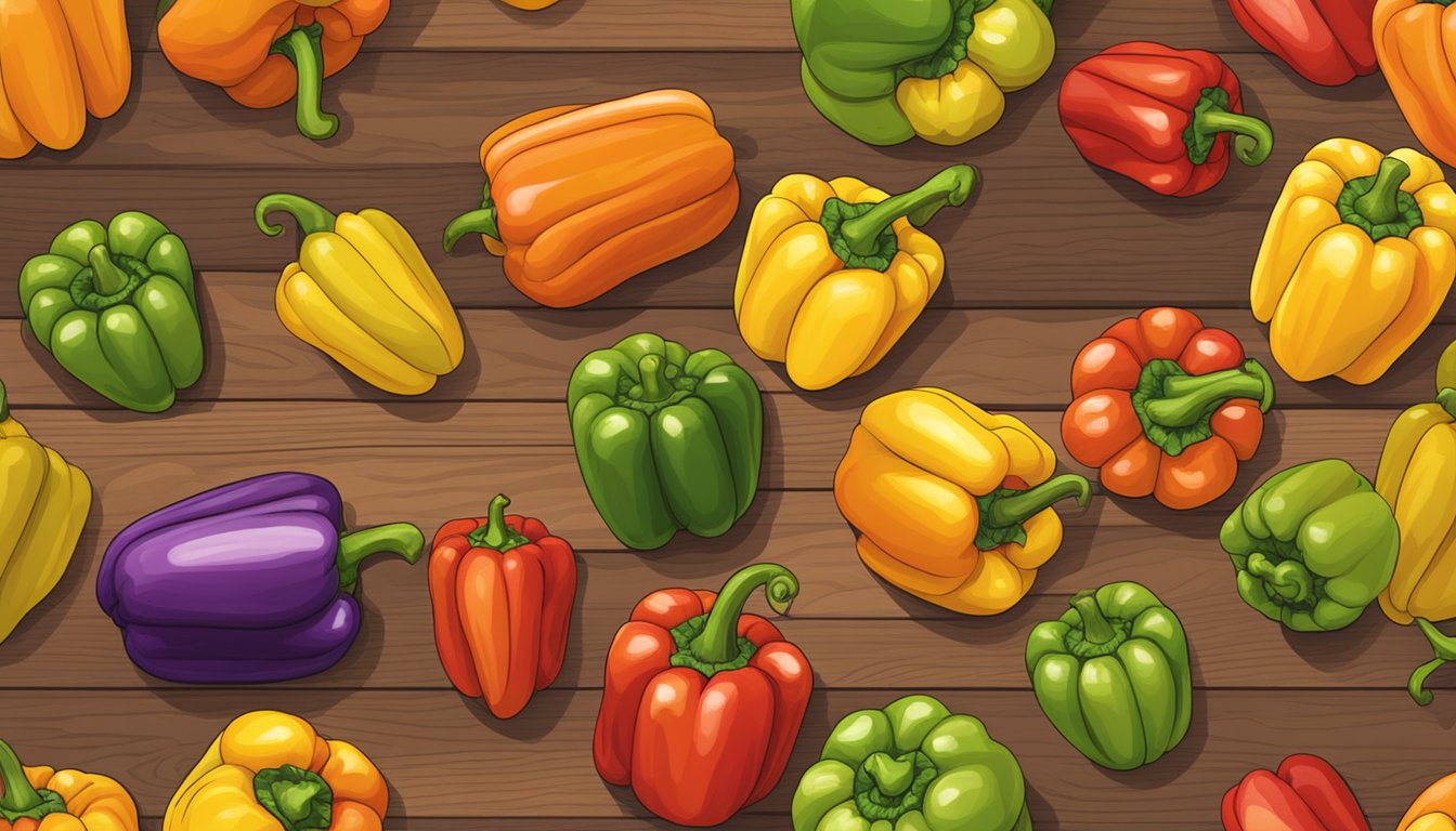 A colorful array of bell peppers arranged on a wooden cutting board. Different sizes and colors, ready to be used as substitutes in a recipe