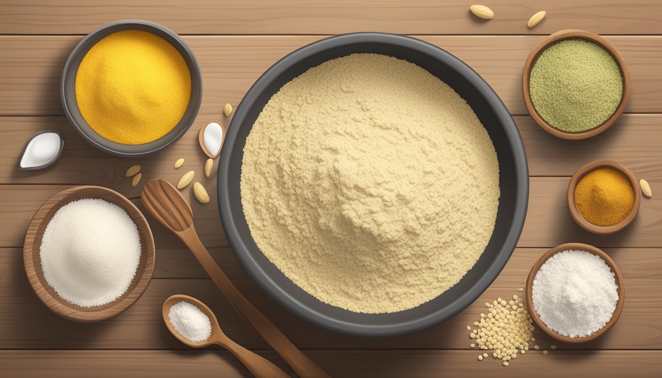 A bowl of bengal gram flour surrounded by alternative flour substitutes such as almond flour, coconut flour, and tapioca flour on a wooden table