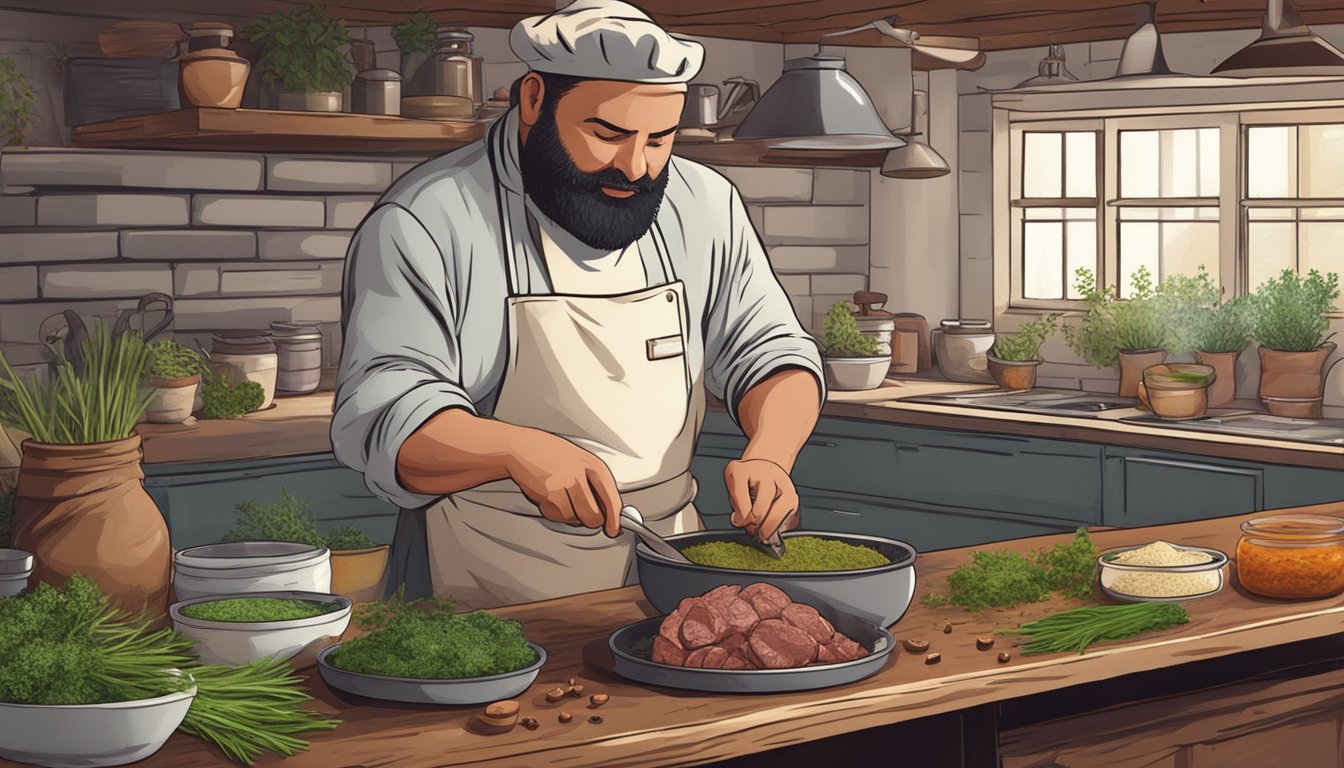 A chef mixing bison meat substitutes with herbs and spices in a rustic kitchen