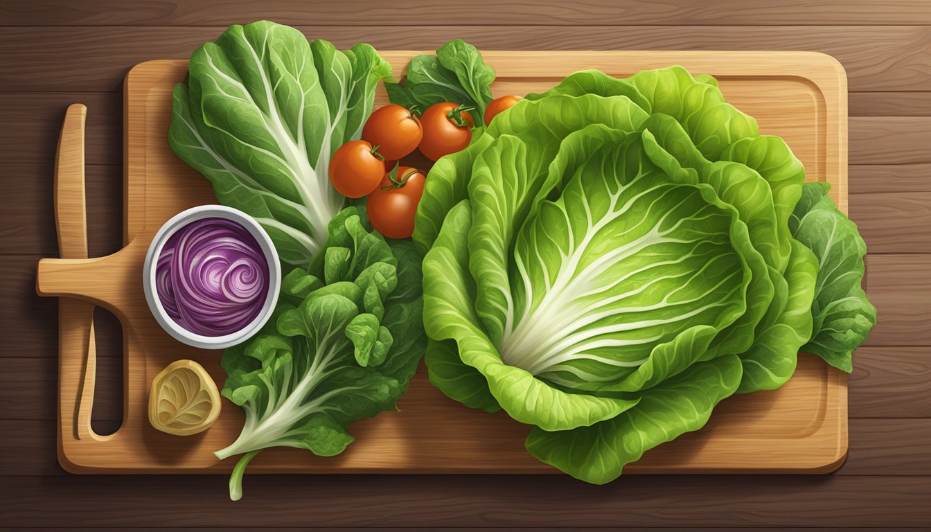 A vibrant green bibb lettuce leaf sits on a wooden cutting board, surrounded by various fresh vegetable substitutes