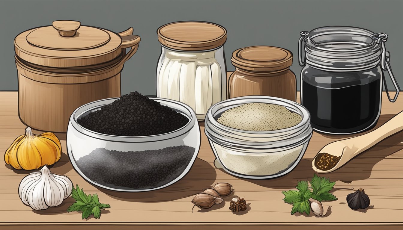 A kitchen counter with various ingredients and spices, including fresh garlic and a jar of black garlic paste