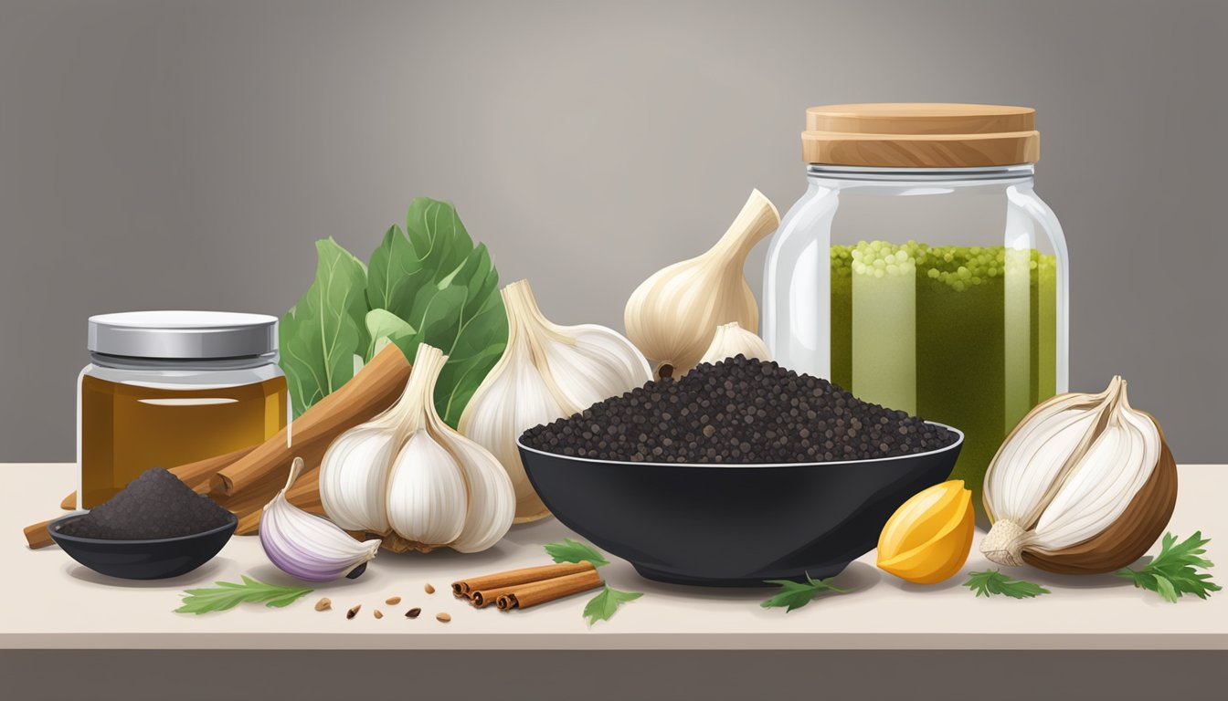 A kitchen counter with various ingredients, including fresh garlic, a jar of black garlic, and spices