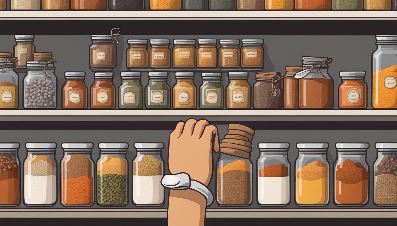 A chef reaching for various spices in a pantry, with jars of cumin, paprika, and chili powder lined up on the shelf