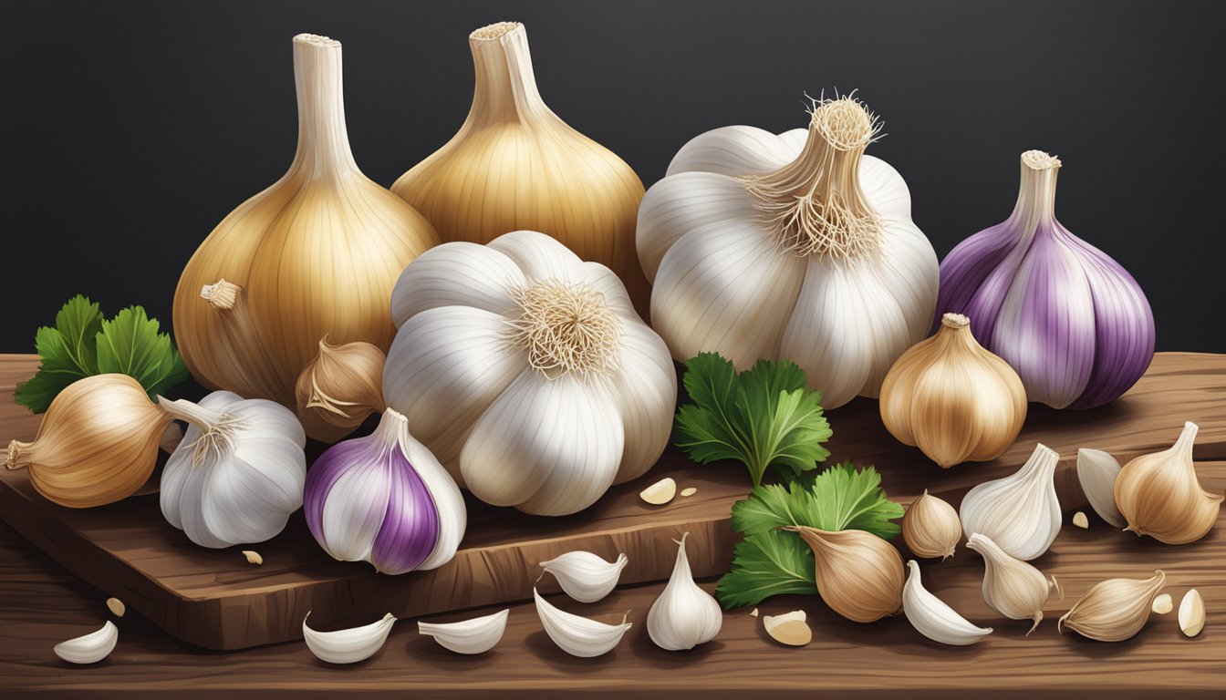 A colorful array of fresh garlic bulbs, alongside various alternative ingredients, arranged on a rustic wooden table