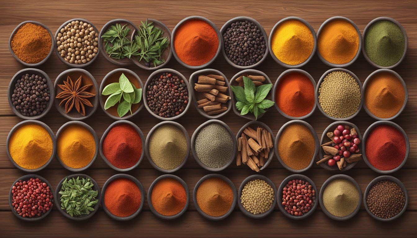 A colorful array of spices including paprika, cayenne, and coriander arranged on a rustic wooden table