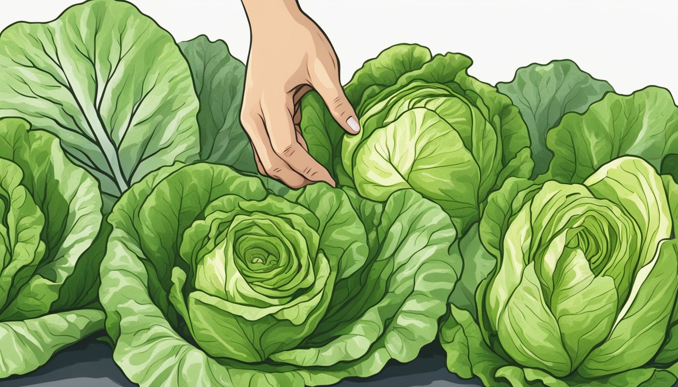 Fresh green butter lettuce, crisp romaine, and vibrant spinach arranged in a row. A chef's hand reaching towards the leaves, considering their texture and color