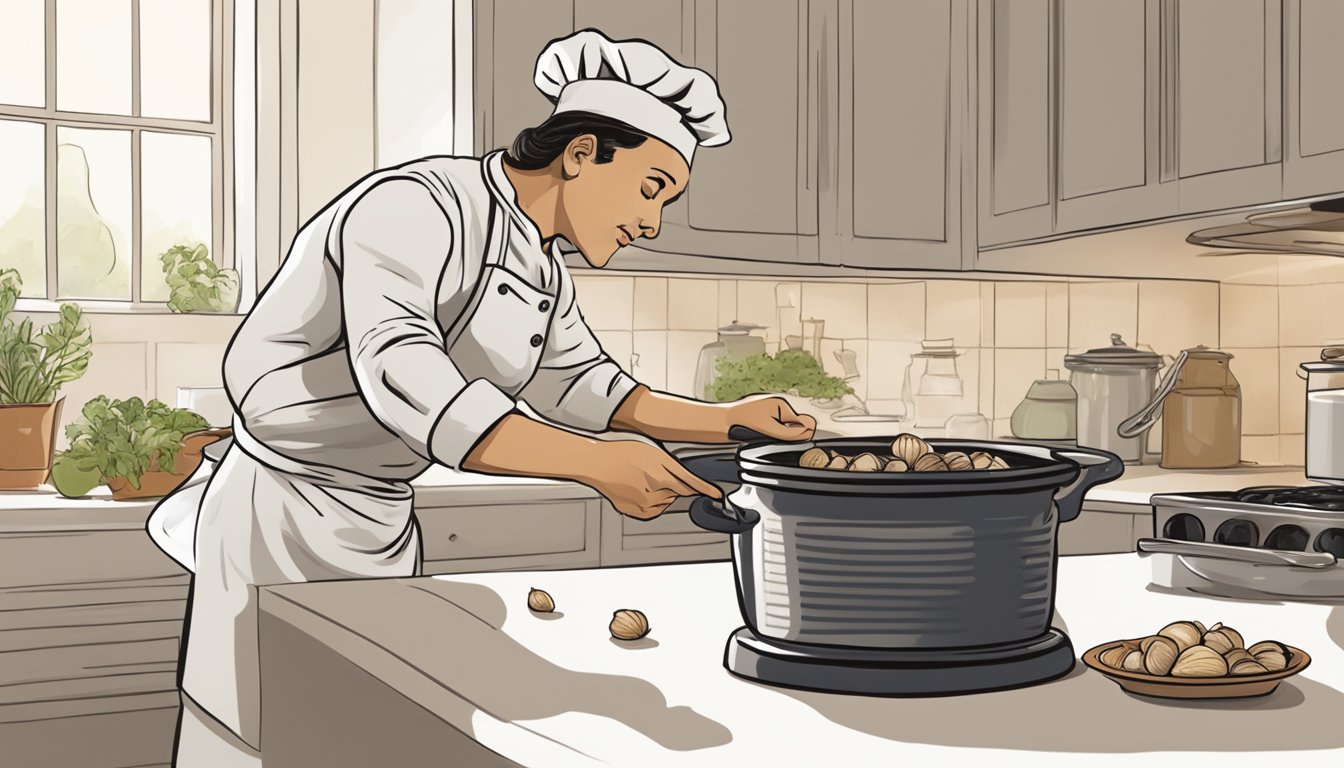 A chef reaching for a jar of roasted garlic to use as a substitute for black garlic in a recipe