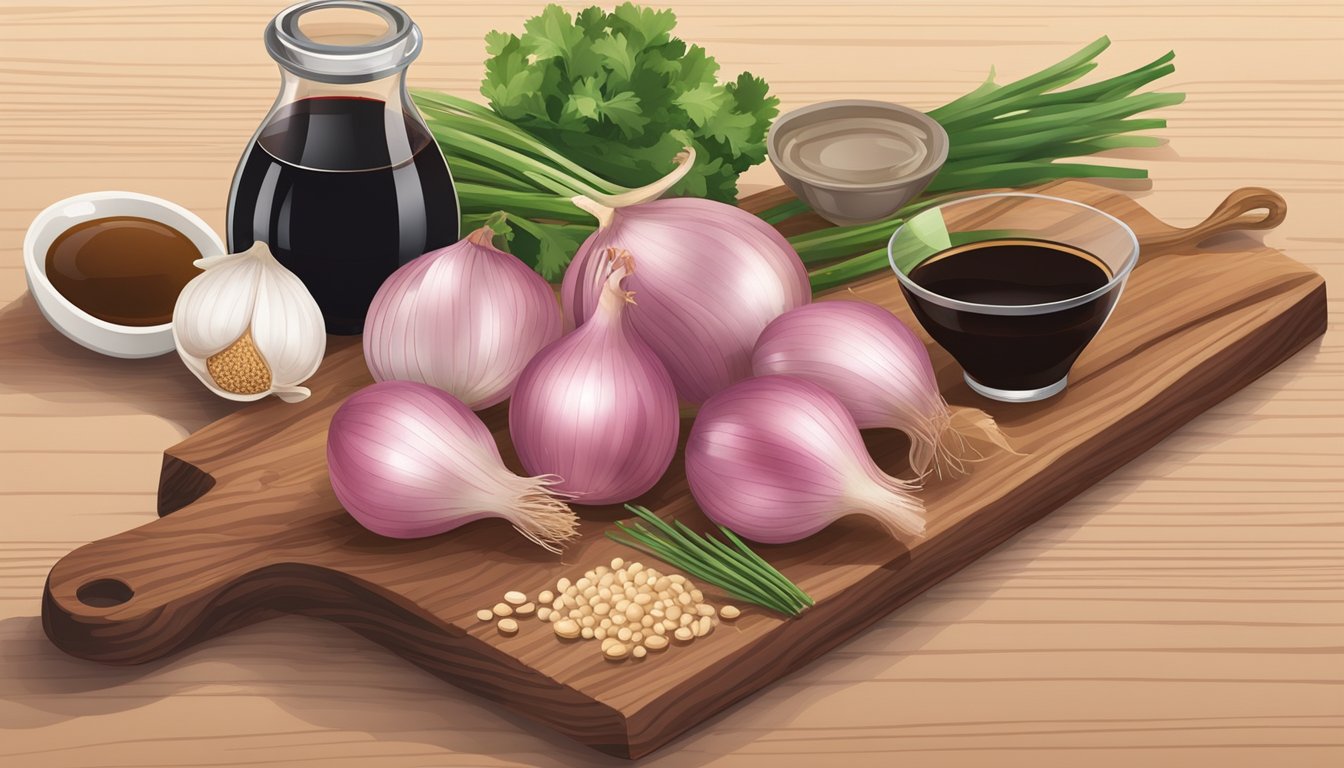 A variety of ingredients, such as shallots, balsamic vinegar, and fermented soy sauce, arranged on a wooden cutting board