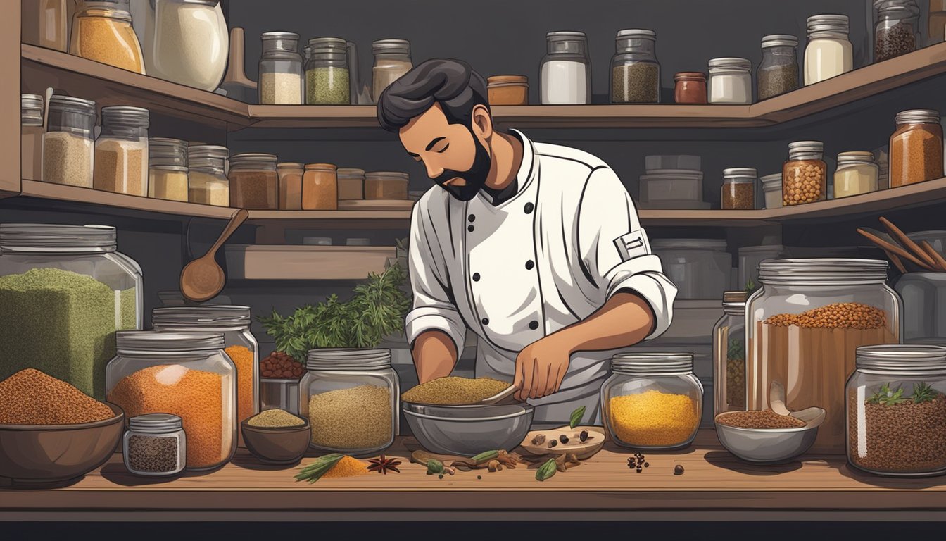 A chef experimenting with various ingredients in a dimly lit kitchen, surrounded by jars and containers of different spices and seasonings