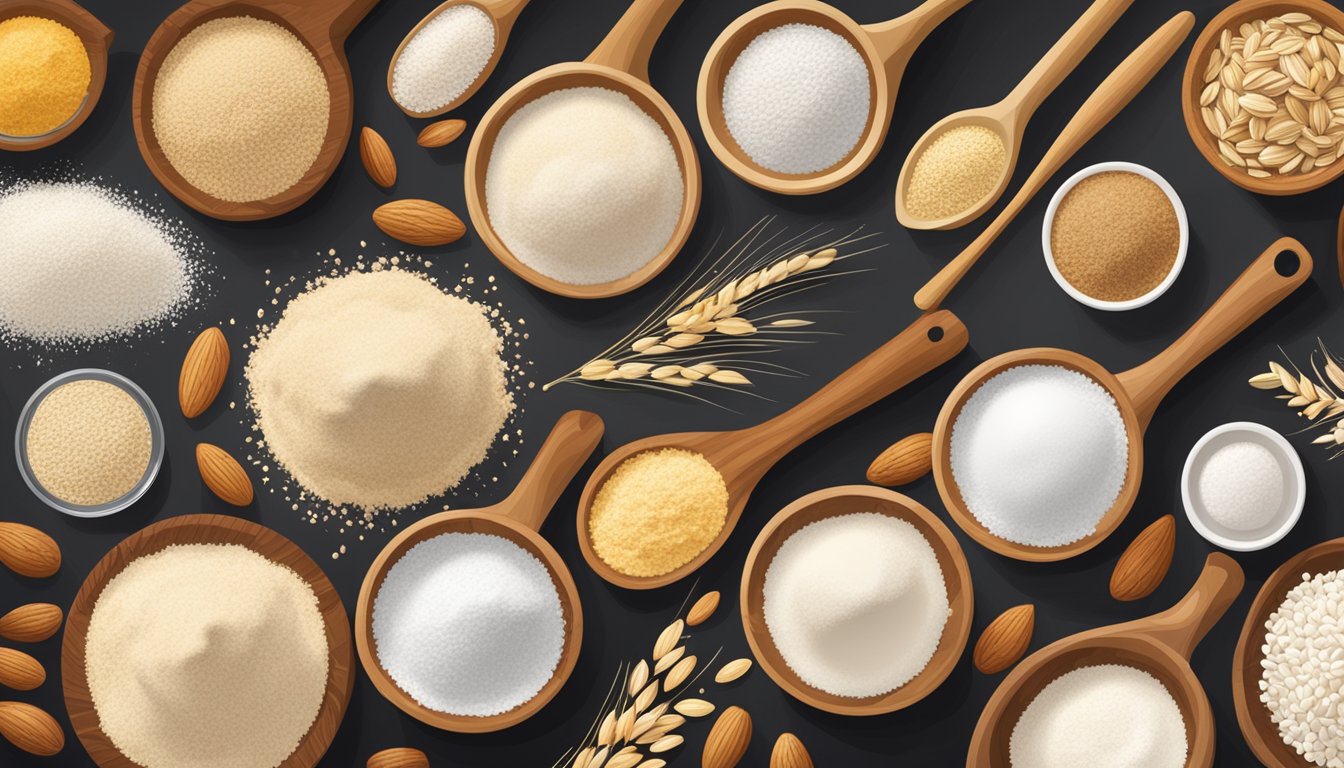 A variety of flour substitutes arranged in a row on a wooden table, including almond, coconut, tapioca, and oat flour, with a mixing bowl and whisk nearby