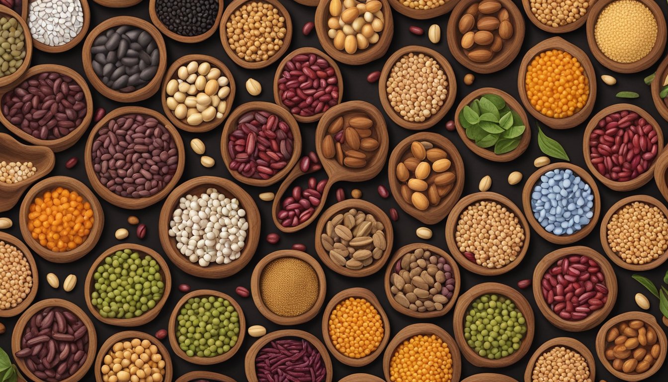 A colorful array of kidney beans, pinto beans, chickpeas, and lentils arranged in a rustic wooden bowl, ready to be used as substitutes for black beans in recipes