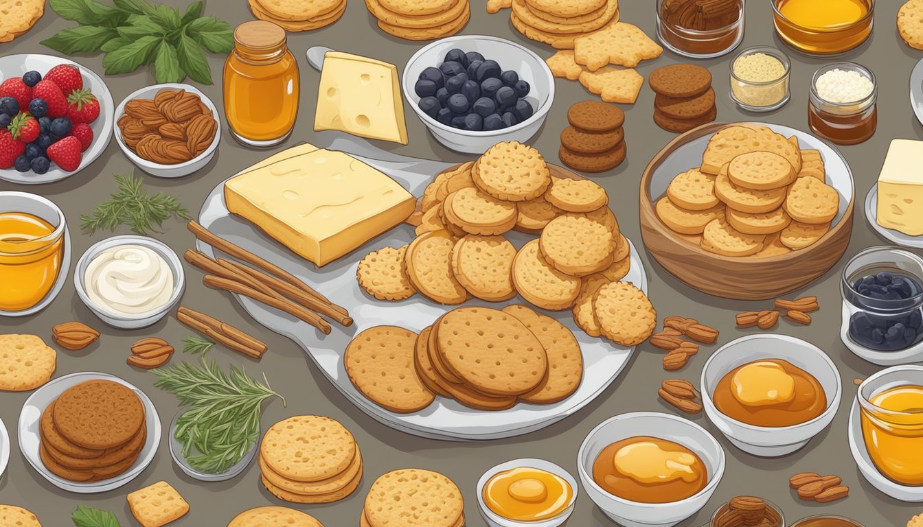 A table spread with a variety of biscuit substitutes, surrounded by ingredients like honey, cheese, and herbs for sweet and savory flavor adjustments