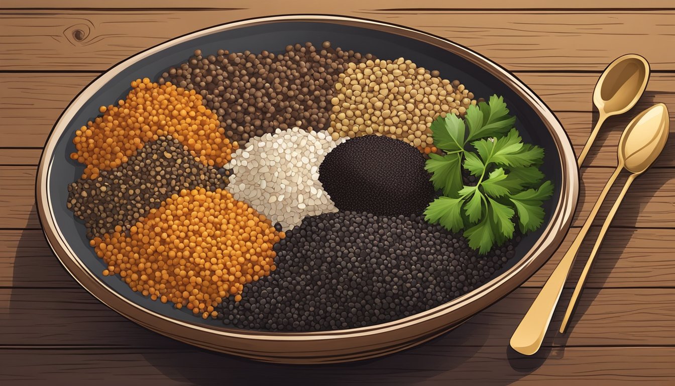 A bowl of black quinoa surrounded by various substitute ingredients like rice, couscous, and lentils on a wooden table