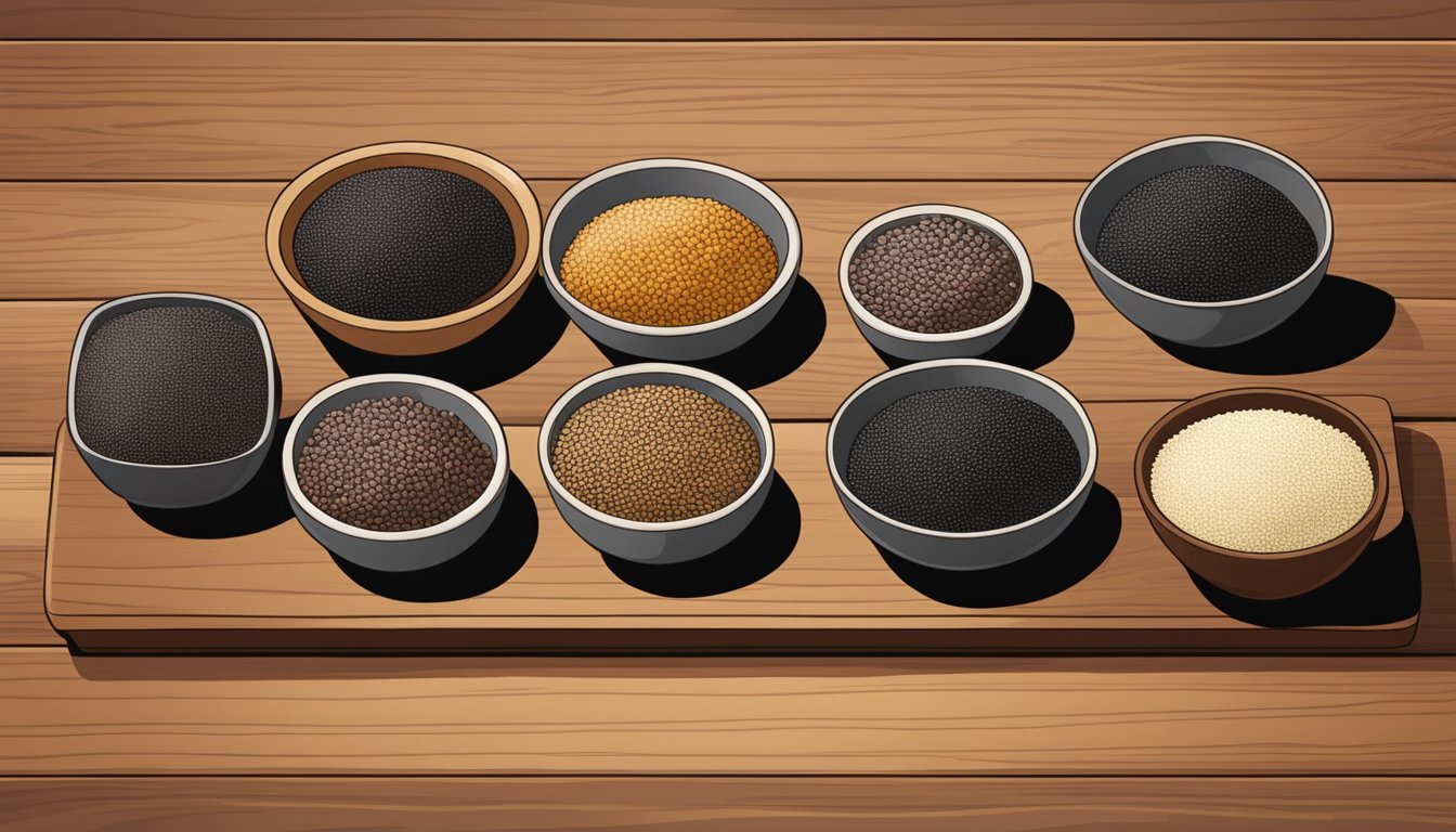 A variety of black quinoa substitutes displayed in individual bowls, including amaranth, millet, and wild rice, arranged on a wooden table