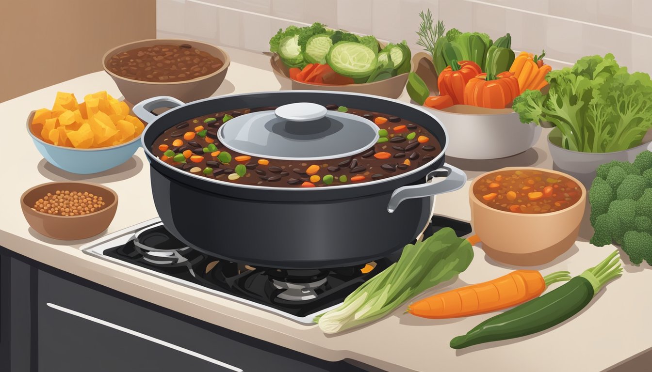 A pot of black bean substitute stew simmers on a stove, surrounded by various colorful vegetables and spices