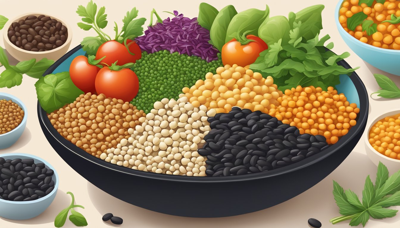 A colorful array of black beans substitutes, including lentils, chickpeas, and quinoa, arranged in a vibrant bowl surrounded by fresh vegetables and herbs