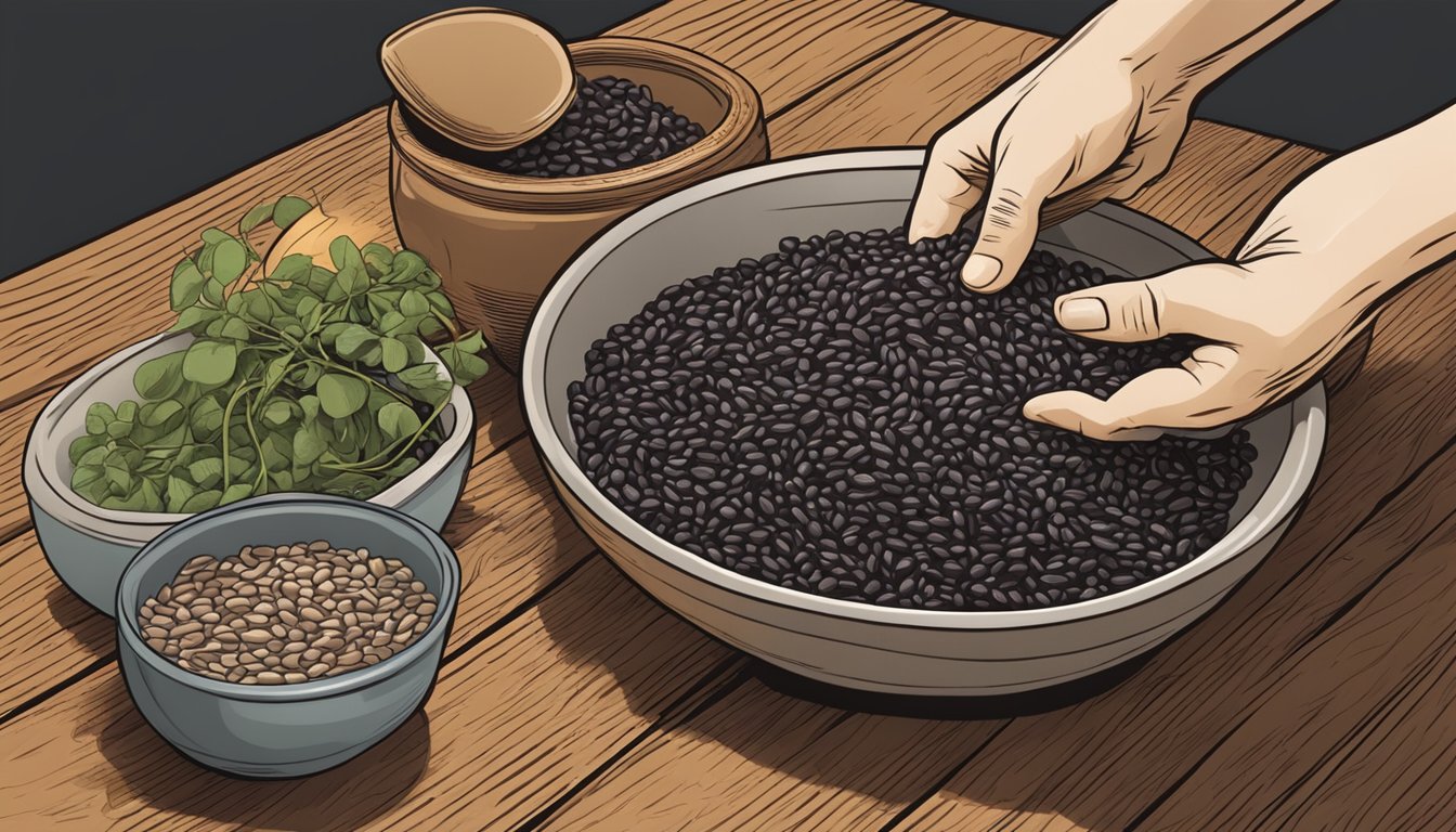 A hand reaching for a bowl of black beans, lentils, and wild rice on a wooden table