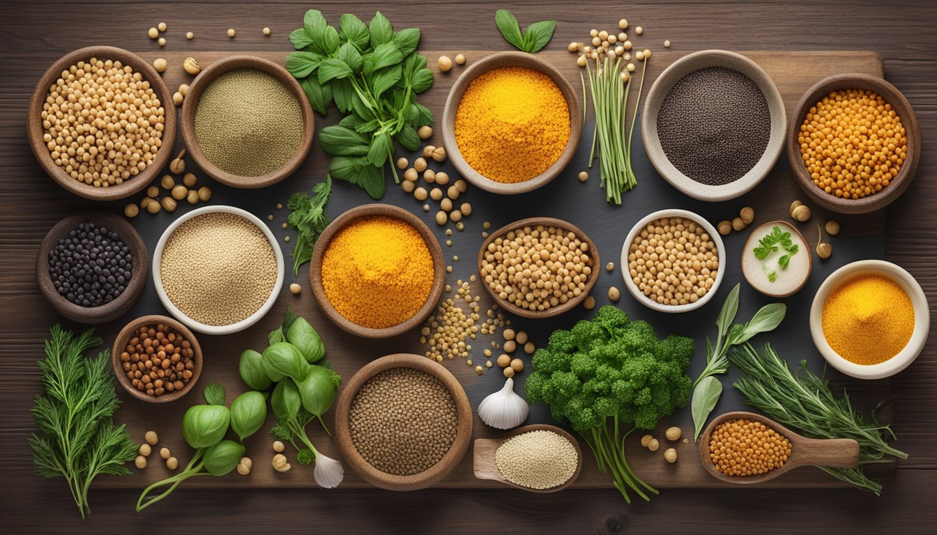 A colorful array of ingredients, including lentils, chickpeas, and quinoa, are arranged on a rustic wooden table, surrounded by fresh herbs and spices