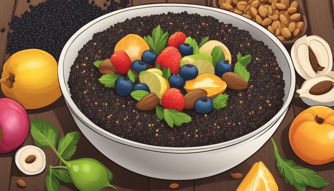 A bowl of cooked black quinoa surrounded by colorful fruits, vegetables, and nuts on a wooden table