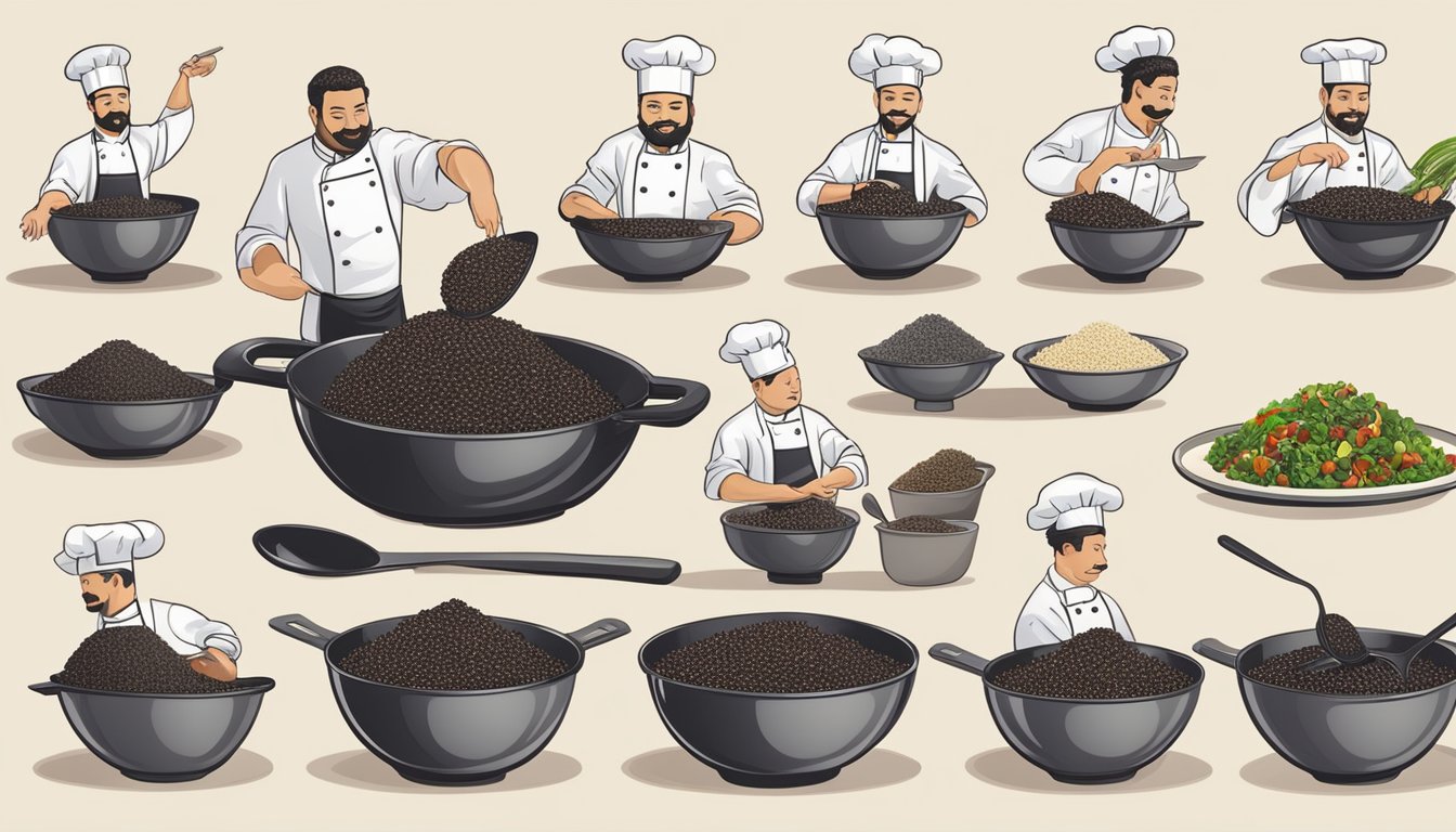 A chef using black quinoa in various dishes, from salads to stir-fries, showcasing its versatility in culinary applications