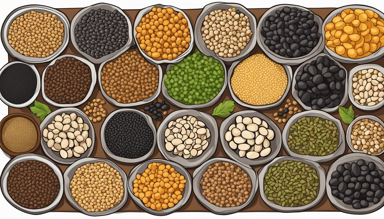 A pile of black gram beans surrounded by various substitute options such as lentils, chickpeas, and split peas