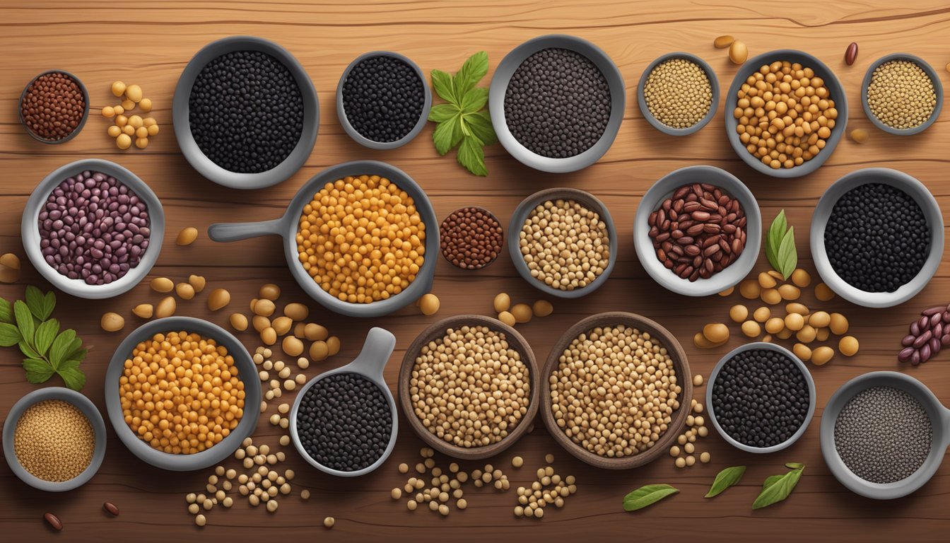 A variety of black gram substitutes laid out on a wooden table, including lentils, chickpeas, and kidney beans