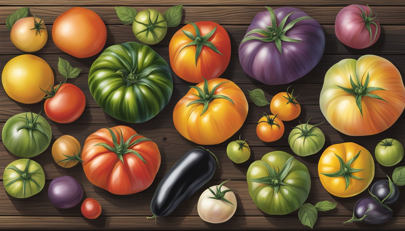 A colorful array of heirloom tomatoes, including black varieties, arranged on a rustic wooden table