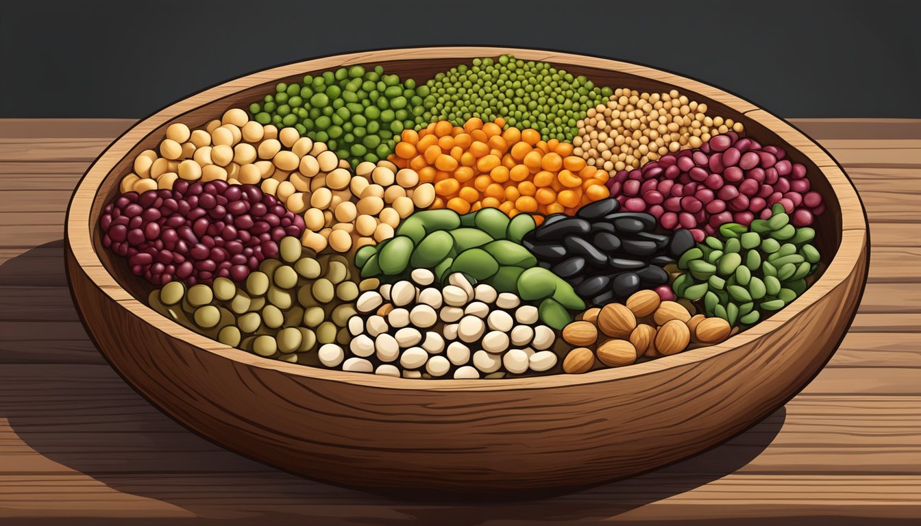 A colorful array of alternative legumes, including lentils, chickpeas, and kidney beans, arranged in a rustic wooden bowl